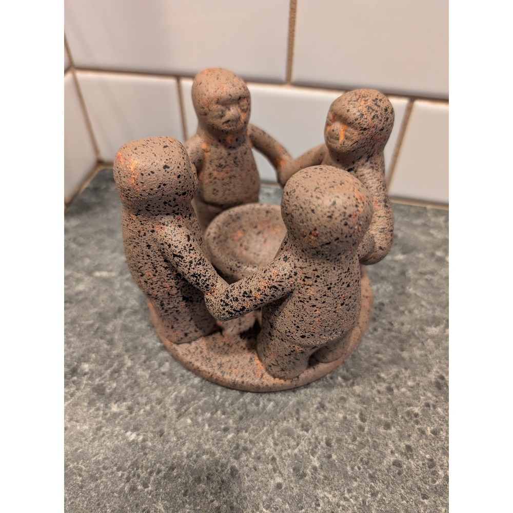 VTG Circle Of Friends Candle Holder Signed Penco 1999 Folk Art Votive Clay